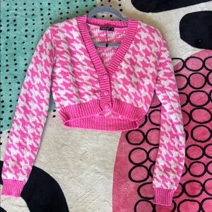 Nasty Gal Pink and White Cropped Cardigan Sweater